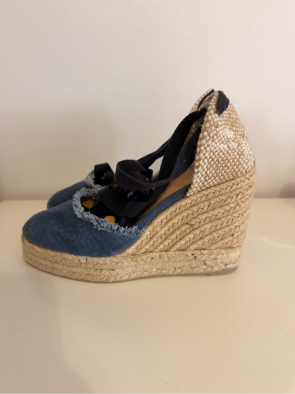 Castaner Navy Canvas Espadrille Wedge Sandals with Ankle Wrap Size 37 (7 US)